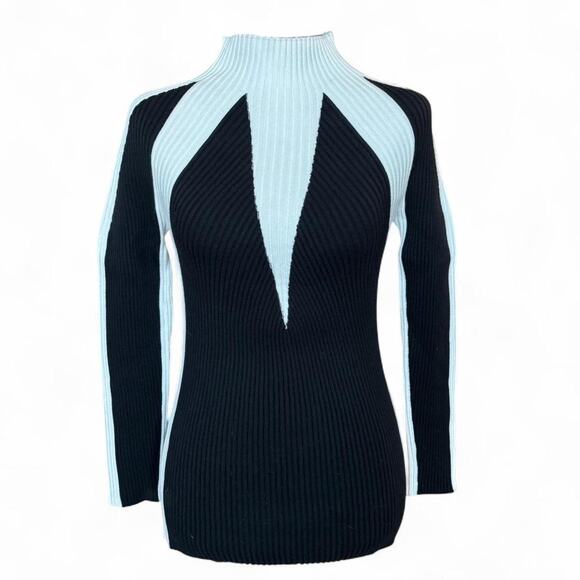 90s mod fitted black/white ribbed sweater – geometric monochrome statement - Picture 2 of 8